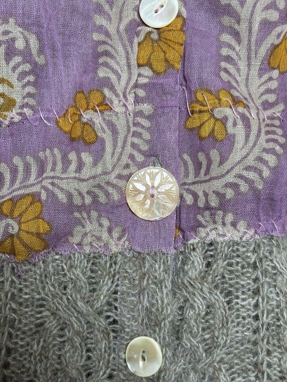 Free People Cardigan Gray Wool Women XS Purple Patches Crochet Lace Button Boho - Picture 4 of 10